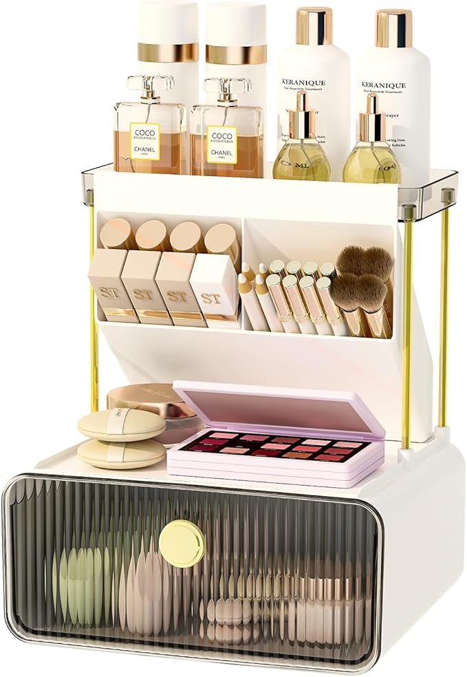 Makeup Organizer with Storage Drawer,Cosmetic Display with Lipsticks Brush Holder Perfume Tray,Organize Cosmetics and Beauty Supplies for Vanity,Dresser,Bathroom,Desktop Organizer,Smoky Gray