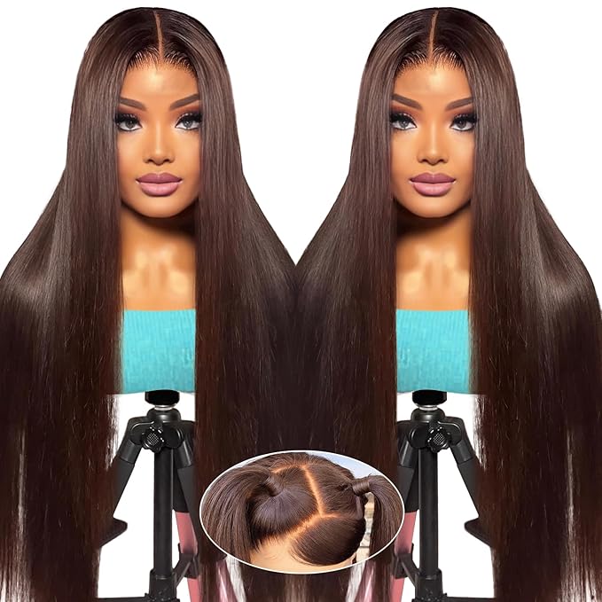 Azkiu 30Inch Brown Straight Human Hair Lace Front Wigs 13x4 HD Lace Frontal Closure Chocolate Human Hair Wig Pre Plucked with Baby Hair 180% Density Brazilian Virgin Human Hair Wigs for Women