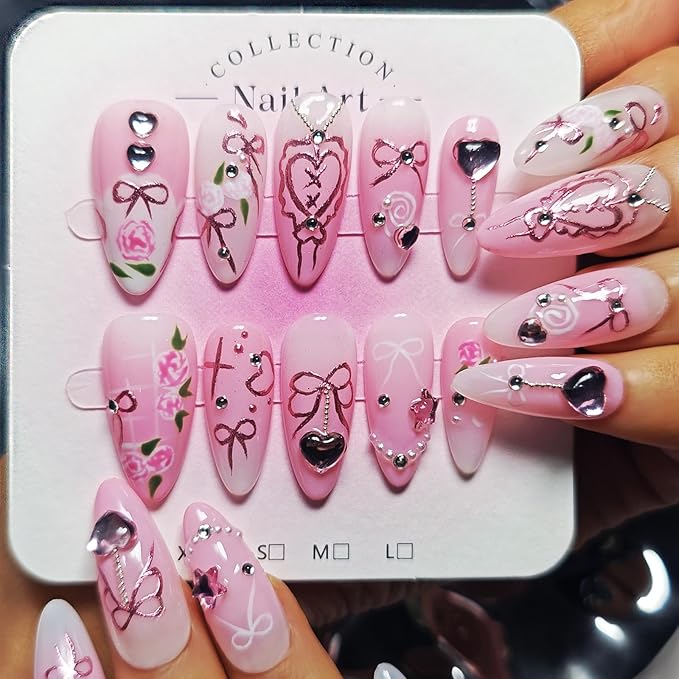 Handmade Acrylic Press On Nails Almond, Pink Medium, Ombre Valentine Heart Rhinestone Flower For Women Gift, Reusable Stick On Fake Kit With Glue (Pink Romance-M)