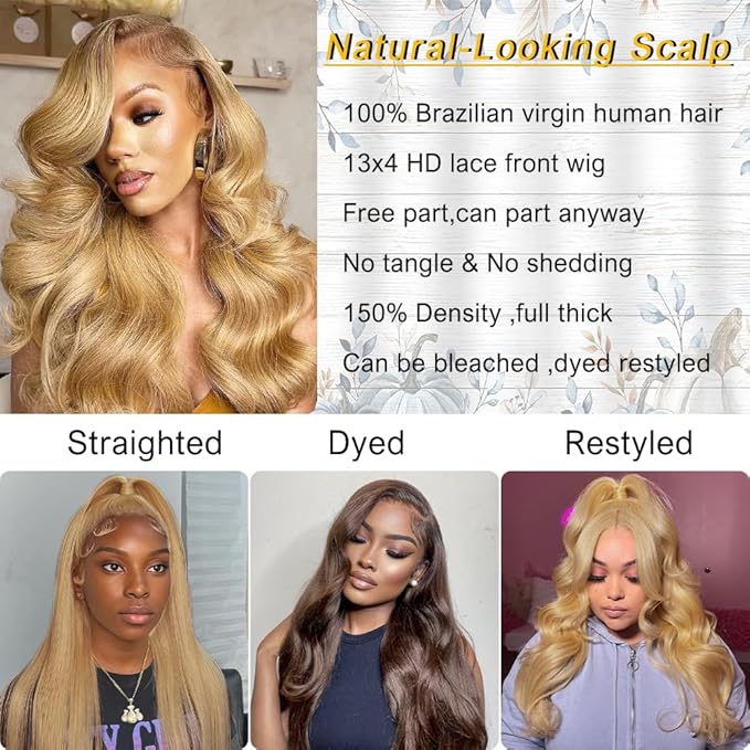 Azkiu Honey Blonde Lace Front Wigs Human Hair 13x4 Body Wave 27# HD Transparent Lace Front Wig Human Hair Pre Plucked with Baby Hair 150% Density Brazilian Virgin Lace Frontal Wigs 32Inch