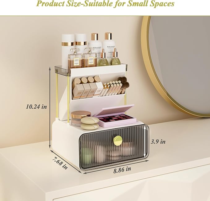 Makeup Organizer with Storage Drawer,Cosmetic Display with Lipsticks Brush Holder Perfume Tray,Organize Cosmetics and Beauty Supplies for Vanity,Dresser,Bathroom,Desktop Organizer,Smoky Gray