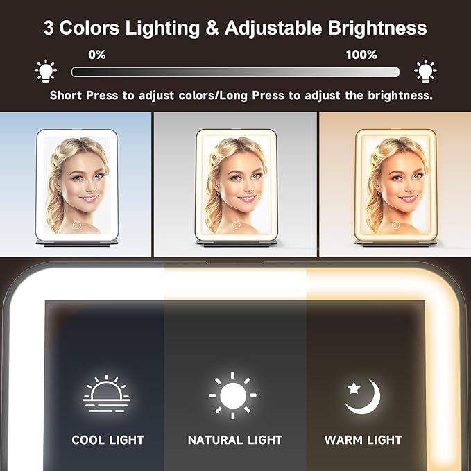 LED Foldable Travel Makeup Mirror - 5x7 inches 3 Colors Light Modes USB Rechargeable Touch Screen, Portable Tabletop Cosmetic Mirror for Travel, Cosmetic, Office (Black)