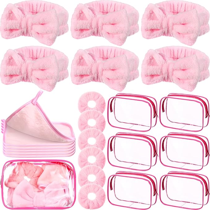 24 Pieces Sleepover Party Supplies Spa Party Favors 6 Spa Headband 6 Velvet Scrunchies 6 Makeup Remover Cloth 6 Clear Cosmetic Bags for Slumber Gift(Pink)
