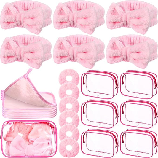 24 Pieces Sleepover Party Supplies Spa Party Favors 6 Spa Headband 6 Velvet Scrunchies 6 Makeup Remover Cloth 6 Clear Cosmetic Bags for Slumber Gift(Pink)