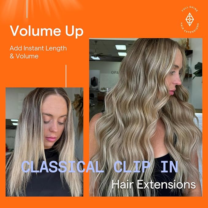 Full Shine 22 Inch Hair Extensions Balayage Cool Blonde Remy Clip in Human Hair Extensions Balayage Blonde Real Hair Clip in Extensions Human Hair 7 Pcs 120 G