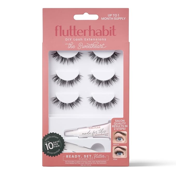 FlutterHabit Sweetheart Ready Set Starter Kit, DIY Eyelash Extensions, Lash Clusters for Women, Professional Quality At Home Eyelash Extension Kit, False Lashes, 3 Lash Sets, Lash Glue Included