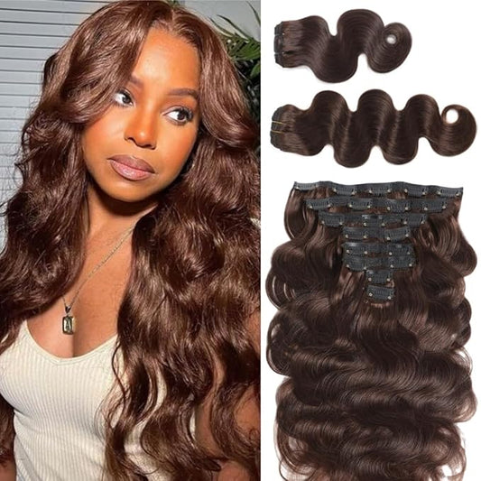LUMIERE Dark Brown Clip In Hair Extensions Body Wave Clip In Extensions Human Hair For Black Women Seamless Clip Ins 8 Pcs 20 Clips 120g Double Wefts Brown #2 14Inch
