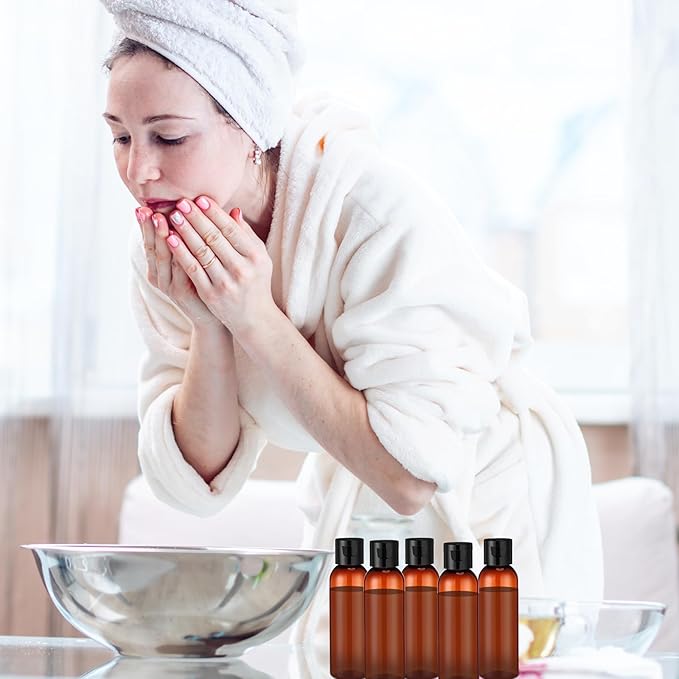 Zhehao 200 Pcs 2 oz Clear Plastic Empty Bottles Small Travel Size Bottles with Flip Cap Empty Transparent Dispenser Container for Liquids Toiletries Shampoo Lotion (Black Cap, Brown Bottles)