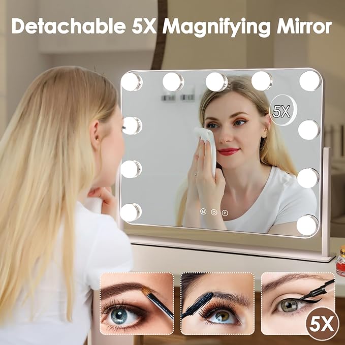 360° Vanity Mirror with Lights 11 Led Bulbs Hollywood Lighted Makeup Mirror with 5X Magnification Mirror Hollywood Cosmetic Mirror Tabletop Makeup Mirror with 3 Lighting Modes 16x13 Inch