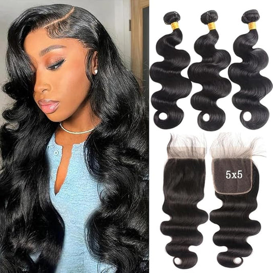 Body Wave Bundles Human Hair With Closure (20 22 24+5x5 Lace Closure 18Inch) 12A Black Body Wave Bundles With Closure 5X5 HD