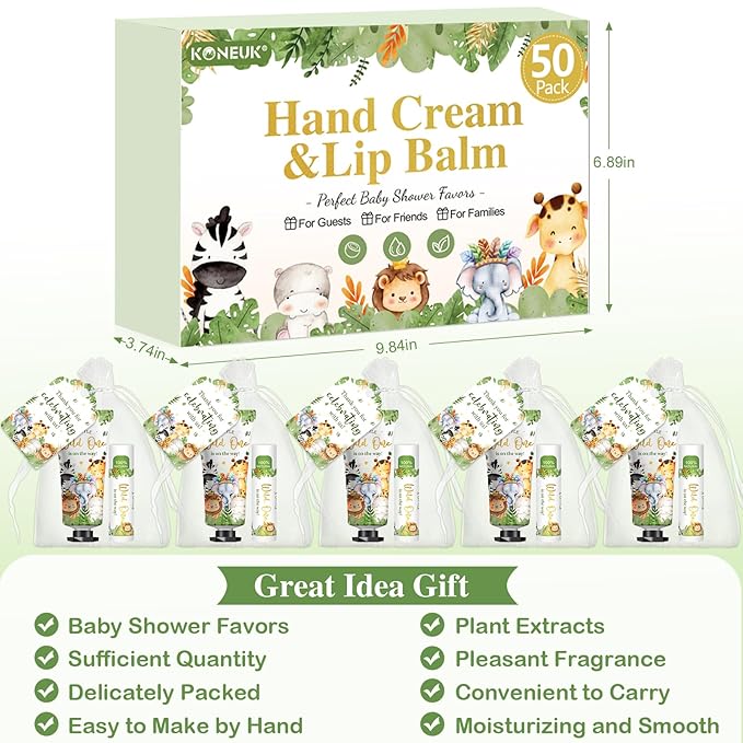 50 Pack Bulk Hand Cream and Bulk Lip Balm Gifts Sets, Baby Shower Favors and Bridal Shower Favors for Guests with Thank You Card and Organza Gift Bags, Birthday Gifts, Appreciation Gifts (Animal)