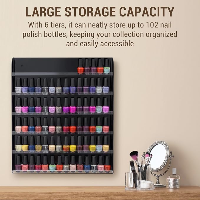 MyGift Black Premium Acrylic Wall Mounted Salon Nail Polish Rack, 6 Tier Display Shelf Storage Organizer - Holds up to 102 Nail Polish Bottles