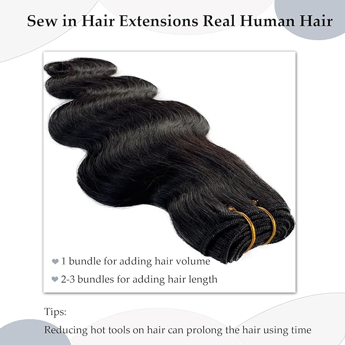 Sew in Bundles Hunan Hair Weft Extensions 18 Inch Body Wave Natural Black Hair Extensions Real Remy Hair Wefts Sew in 100G Hand Tied Weft Hair Extension Human Hair Bundles Weave Extensions for Women