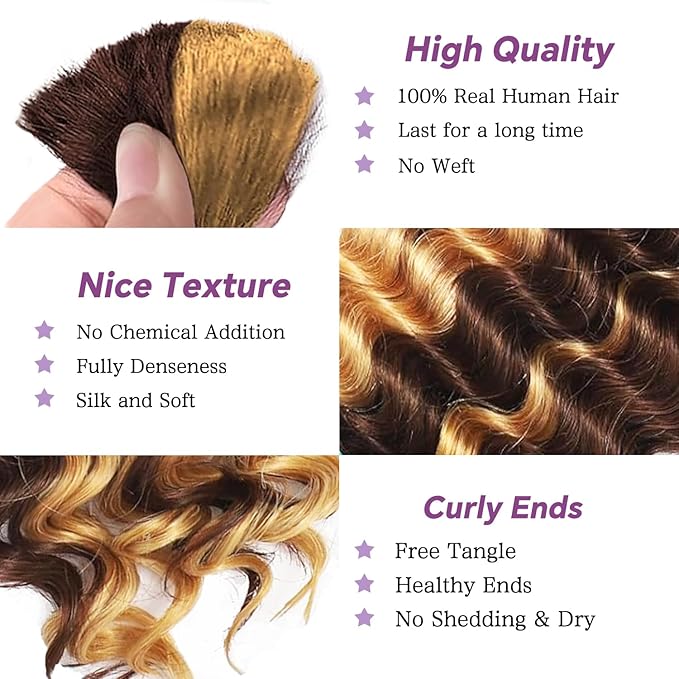 Human Braiding Hair For Boho Braids Deep Water Wave Human Bulk Braiding Hair 12A Brazilian Virgin Human Hair Extensions for Boho Braids 3 Bundles/Pack 110g 4P27 Highlight Ombre Balayage 20inch