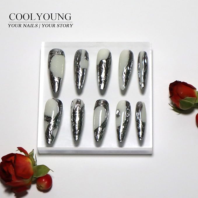 Handmade Nails, Stiletto Press On Nails, Reusable Press On Nails, Silver Nails, Acrylic Press On Nails, Stick On Nails, Reusable Press On Nails, Gifts For Women, COOLYOUNG Nails, 10 PCS, Size S