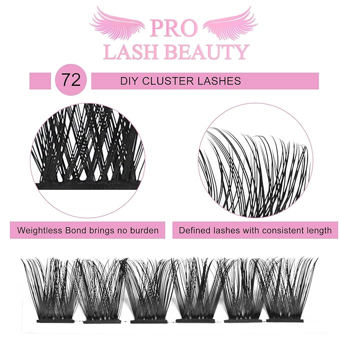 PRO LASHBEAUTY Cluster Lashes, 72 Pcs Individual Lashes, DIY Eyelash Extension, Super Thin Band, Reusable, Soft & Comfortable (Into You-01-D-16mm)