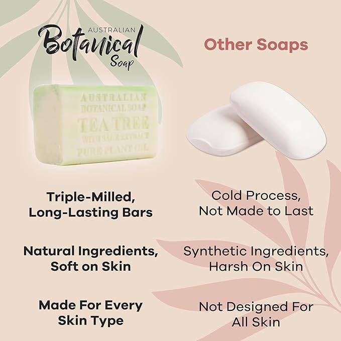 Australian Botanical Soap, 6.6 OZ, Tea Tree with Sage Extract, Triple Milled Bars made with a Natural Soap Base and Enriched with Organic Shea Butter, Pack of 8