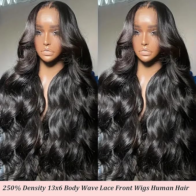 13x6 HD Lace Front Wigs Human Hair Body Wave Pre Plucked 250 Density 18 inch Black Wavy Wig