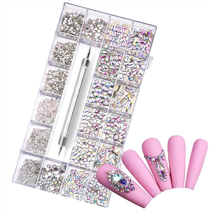 3100Pcs Nail Crystal Rhinestones Kit, Mix Shapes AB Glass, 3D Diamonds Flatback Crystals, with a Drill Pen, Nail Crystal Non Hotfix, Nail Art Decoration (AB Rhinestone)