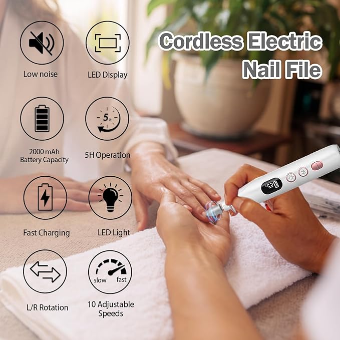 Cordless Electric Nail File Set, 10 Speeds Professional Manicure Pedicure Kit with LED Light & LCD Screen, Portable Nail Drill for Natural & Acrylic Nails, Human & Pet Thick Toenails (White)