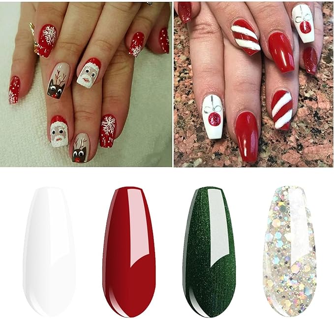 Vishine Soak Off UV LED Christmas Collection Glitter Gel Nail Polish Color Set Of 4 Colors X 8ml Red White Green Sparkle Silver Nail Art Kit Set