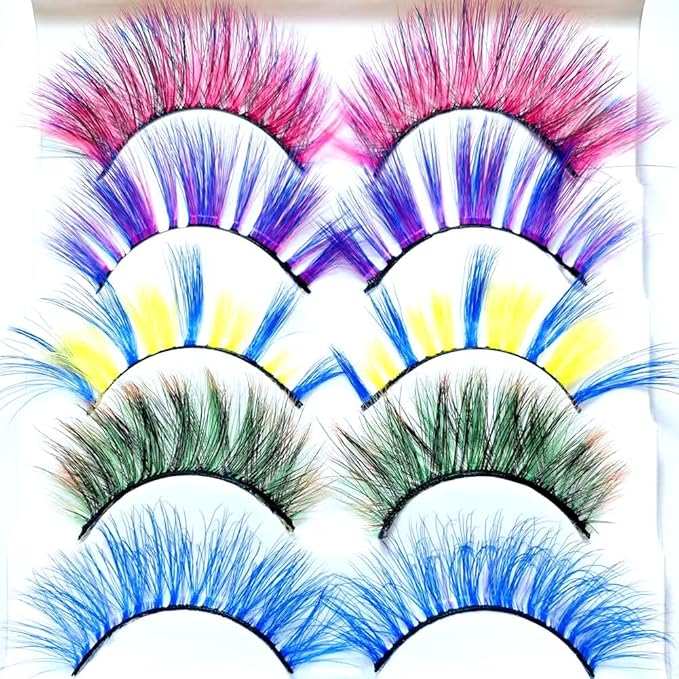 Sunniess Ombre Colored Lashes Silk Protein Fluffy Wispy Volume Fake Lashes for Halloweens Cosplay Party Stage Russian D Curl Lashes with Color Make up Faux Mink False Eyelashes 5 Pairs (5ce-02)