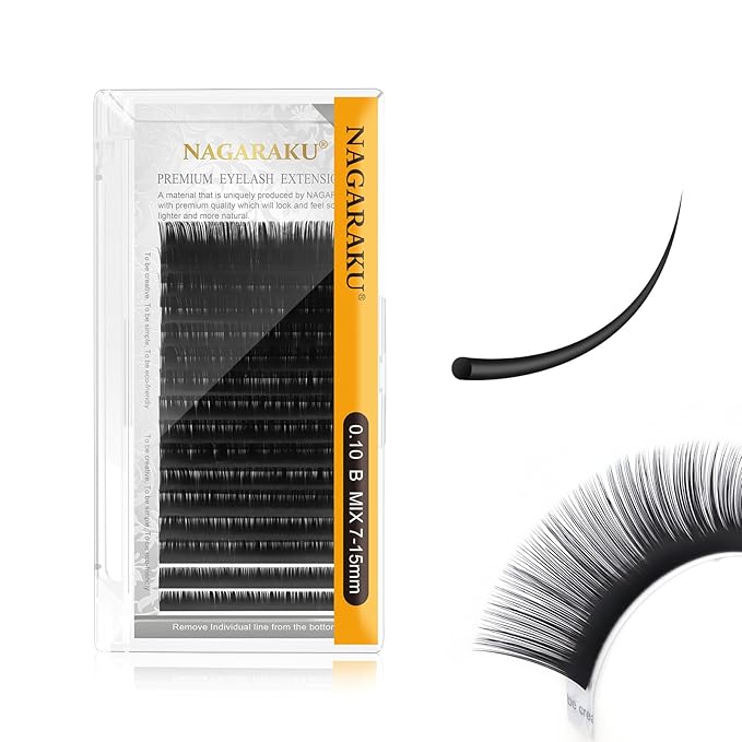 NAGARAKU Eyelash Extensions Individual Lashes 0.10mm B curl 7-15mm Mix Tray Classic Matte Black Soft Natural Faux Mink 16 rows