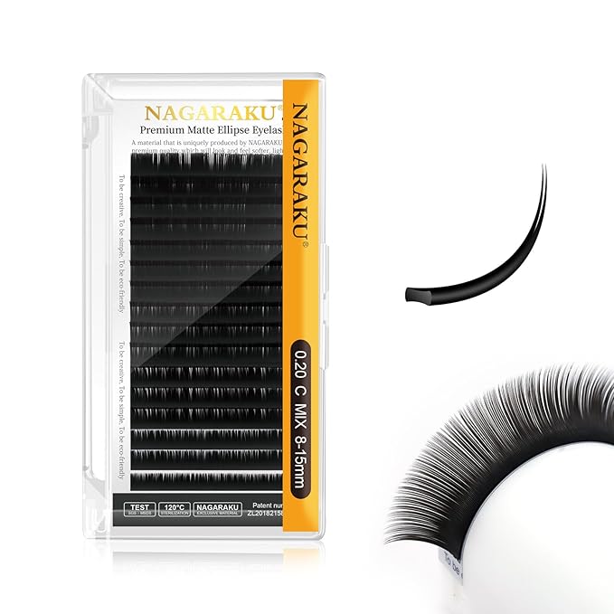 NAGARAKU Double Tips Ellipse Eyelash Extensions Lighter Thinner Flat Split Tips Individual Lash 0.20mm C curl 8-15mm Mix Tray Matte Black Faux Mink Classic False Lash Supplies 16 Rows