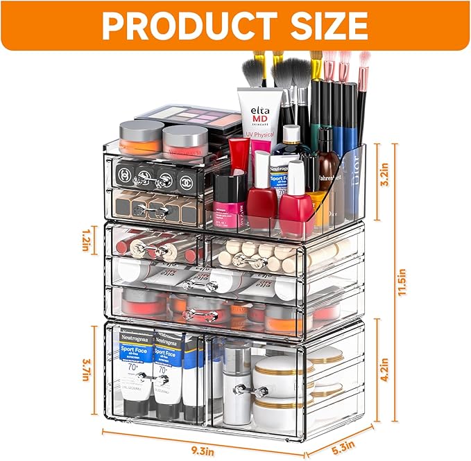 Cq acrylic 3 Pack Clear Makeup Organizer Countertop,Stackable 8 Drawers Skin Care Organizer,Cute Make Up Organizers for Vanity Jewelry,Hair Accessory,Beauty,Skin Care,Skincare Product Desk Storage