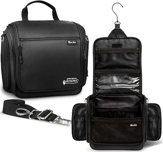 AvaJex Extra Large Hanging Travel Toiletry Bag for Men and Women - Cosmetic Travel Bag With Shoulder Strap - Waterproof Hygiene Bag with Metal Xxl Swivel Hook and 19 Compartments for Toiletries