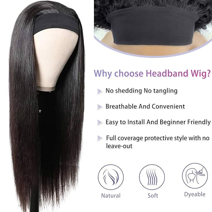 Aiterina Headband Wig Human Hair Straight Headband Half Wigs Human Hair Brazilian Glueless Human Hair Wigs None Lace Front Wigs Machine Made Wigs 150% Density Natural Color 18 Inch