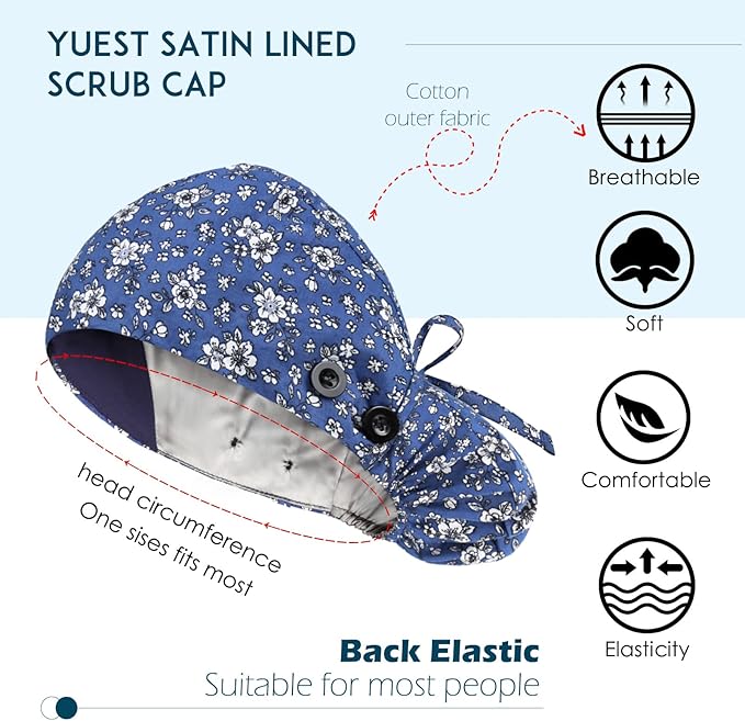 6 Pcs Scrub Caps Women Satin Lined Scrub Caps Women Ponytail Surgical Caps for Women Scrub Hats Women Ponytail Pouch Tie Back, Badge Holder 1 Pcs