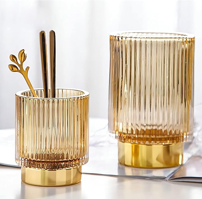 DASITON Makeup Brush holder Organizer,Crystal Cosmetic Makeup Brush Glass Brushes Storage Holder, Vintage Make Up Brush Cup Pen Pencil Holder striped vase(Coffee S)