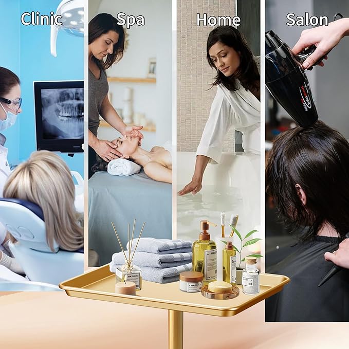 Salon Tray on Wheels, Gold Salon Tray Cart with Adjustable Height, Metal Service Instrument Storage Tray for Salon&Home Use