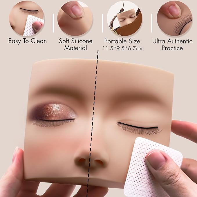 Lash Extension Practice Kit, Eyelash Extension Training Kit for Beginners, Professional Eyelash Mannequin Head Set with Lash Fan, Lash Shampoo, Lash Adhesive, Glue Rings and Lash Mirror