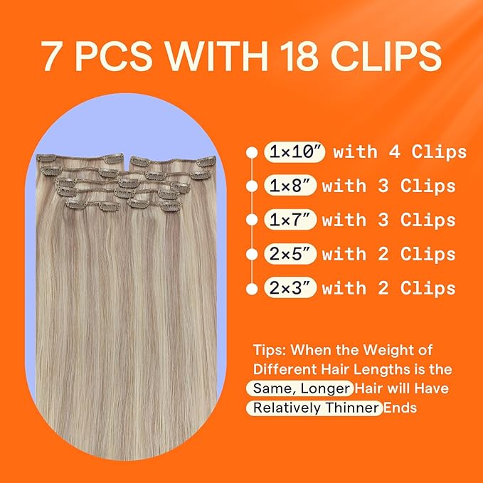 Full Shine Clip in Hair Extensions Real Human Hair Blonde 22 Inch Clip in Human Hair Ash Blonde Highlight Seamless Hair Extensions Clip ins for Women 7 Pcs 120 G