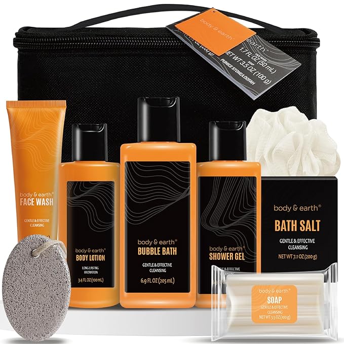 Gift Baskets for Men - Bath Spa Gift Set, Body and Earth Citrus Scented Mens Bath Set with Body Lotion, Face Wash, Shower Gel, Bubble Bath, Loofa & More, Father's Day Gifts