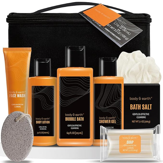 Gift Baskets for Men - Bath Spa Gift Set, Body and Earth Citrus Scented Mens Bath Set with Body Lotion, Face Wash, Shower Gel, Bubble Bath, Loofa & More, Father's Day Gifts