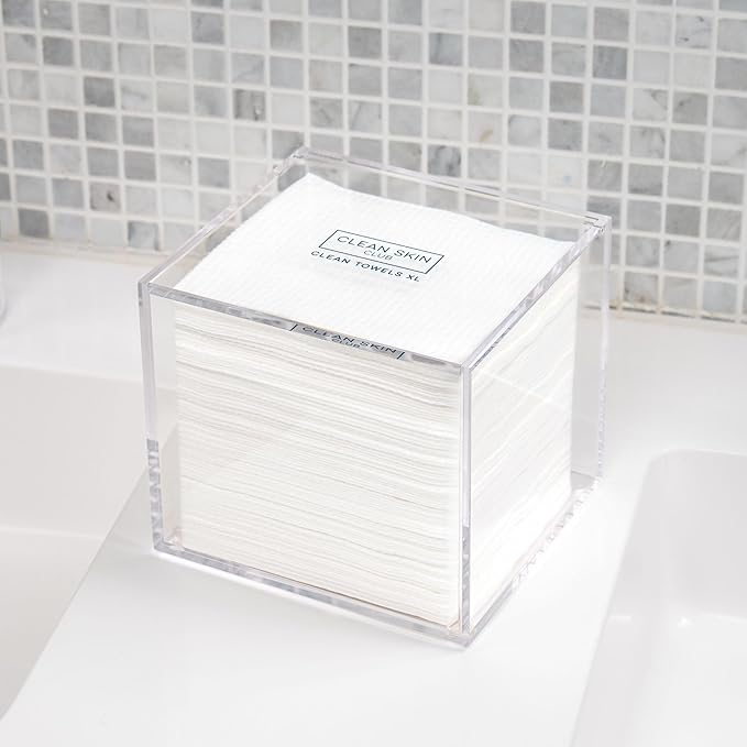 CLEAN SKIN CLUB Clear Acrylic Box for Clean Towels XL (NOT Included), Container For 50 Disposable Clean Towels XL, Face Towelettes Bathroom Counter Storage, Stone Bin for Cleansing Facial Dry Wipes