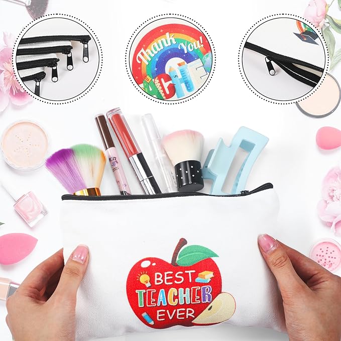 Capoda 56 Pcs Teacher Appreciation Gifts in Bulk 28 Inspirational Flax Cosmetic Bags for Women 28 Motivational Quote Keychains Thank You Gifts for Teacher's Day Graduation Back to School(White)