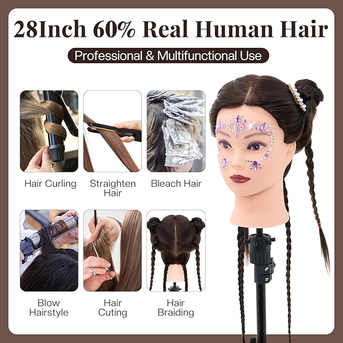 28" Mannequin Head with 60% Real Hair,Cosmetology Manikin Practice Doll Head with Hair,Braiding Hairdressing Head with Tripod Stand for Hair Styling with Table Clamp + DIY Hair Styling Set #4