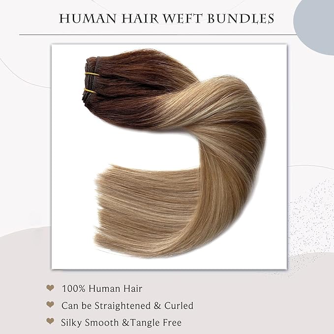 Sew in Hair Extensions Real Human Hair Bundles Ombre Brown Balayage Golden Blonde Weft, 20 Inch, 100G, Hand Tied for Women