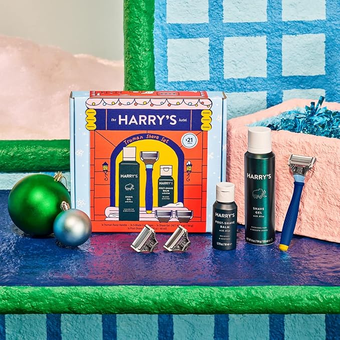 Harry's Holiday Shaving Gift Set for Men - Razor Handle, 3 Razor Blade Refills, Foaming Shave Gel, and Post-Shave Balm - Evening Blue