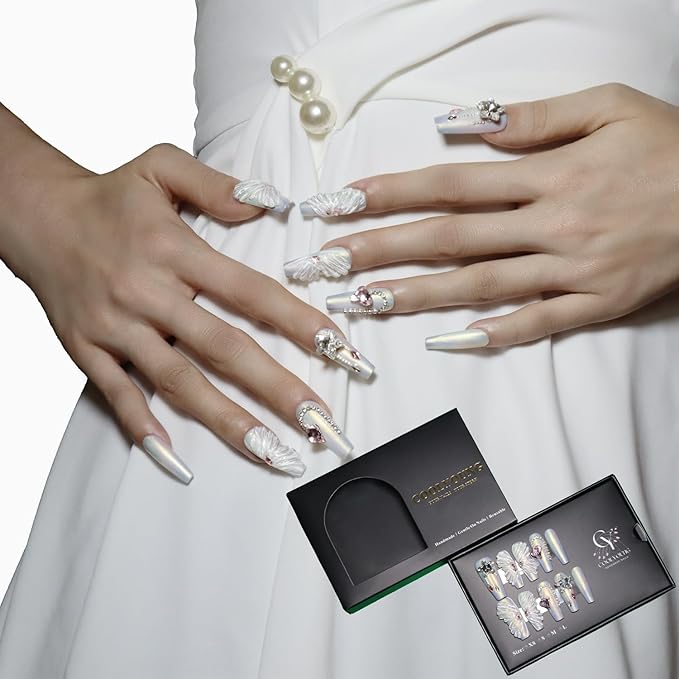 Handmade Nails, Press On Coffin Nails, White Nails, 3D Press On Nails, Artificial Nails, Rhinestone Press On Nails, Luxury Press On Nails, Gifts For Women, COOLYOUNG Nails, 10 PCS, Size L