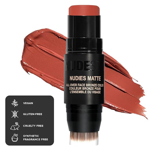 Nudestix Nudies Matte Cream Bronzer 3-in-1 All Over Face Colour for Face, Eyes, and Lips w/Blending Brush (Beach Babe)