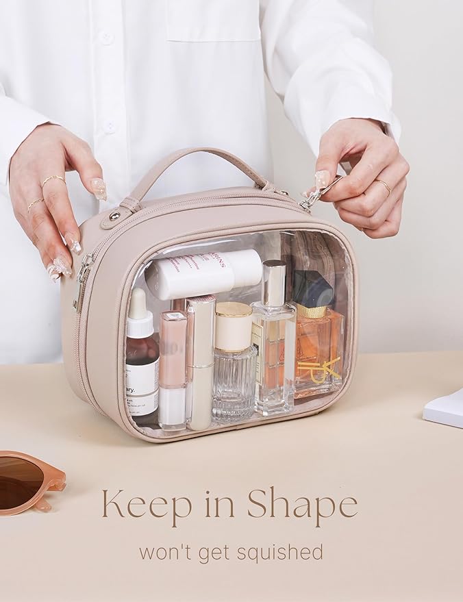 Clear Cosmetic Bag Double Layer 4 Compartments Travel Toiletry Bag Clear Makeup Bag Case with Zipper Transparent Travel Bag for Toiletries, TSA Approved, Gift for Women Girls (Stone)