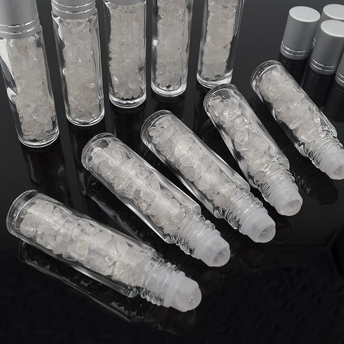 Essential Oil Roller Bottle 10ml w EVA Carrying Travel Case（Clear Glass Bottle with silver Cap、10pack、Gemstone Roller Balls、Crystal Chips Inside、Opener Gemstone Roller Ball Bottles