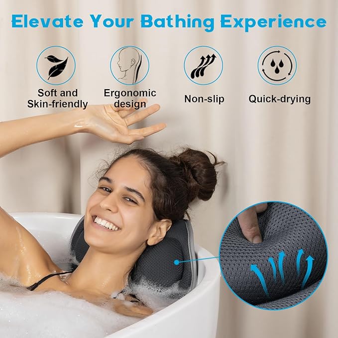 Luxury Bath Pillows for Tub – Extra Thick Non-Slip Bathtub Pillow with Rubber Back, Head & Neck Support for Soaking, Spa Bath Accessories, for Women, Fits All Bathtubs (Gray)
