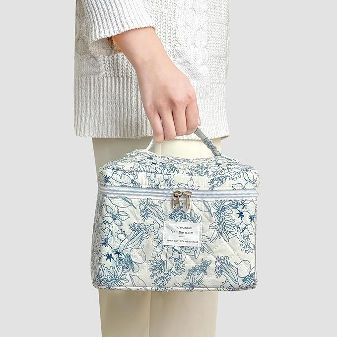 3Pcs Cotton Quilted Makeup Bag for Women Girls, Large Floral Cosmetic Bag Set Cute Makeup Brushes Aesthetic Accessories Storage Bag Flower Travel Toiletry Bag Organizer