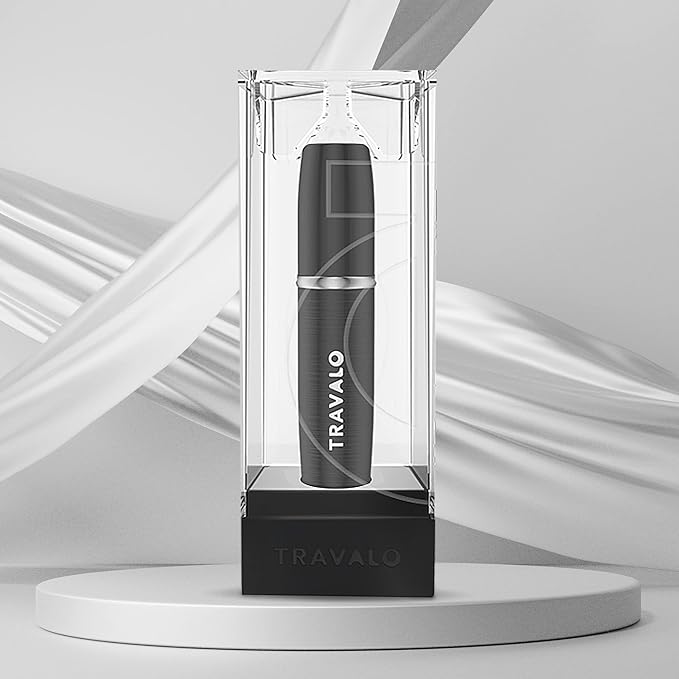 Travalo LUX Perfume Atomizer | Travel Refill U-Change System TSA Approved | Reusable Airtight Easy Fill Mini Pump Sprayer | Lightweight Portable | Brushed Polished Metal Alloy Outer Shell Black 0.17oz